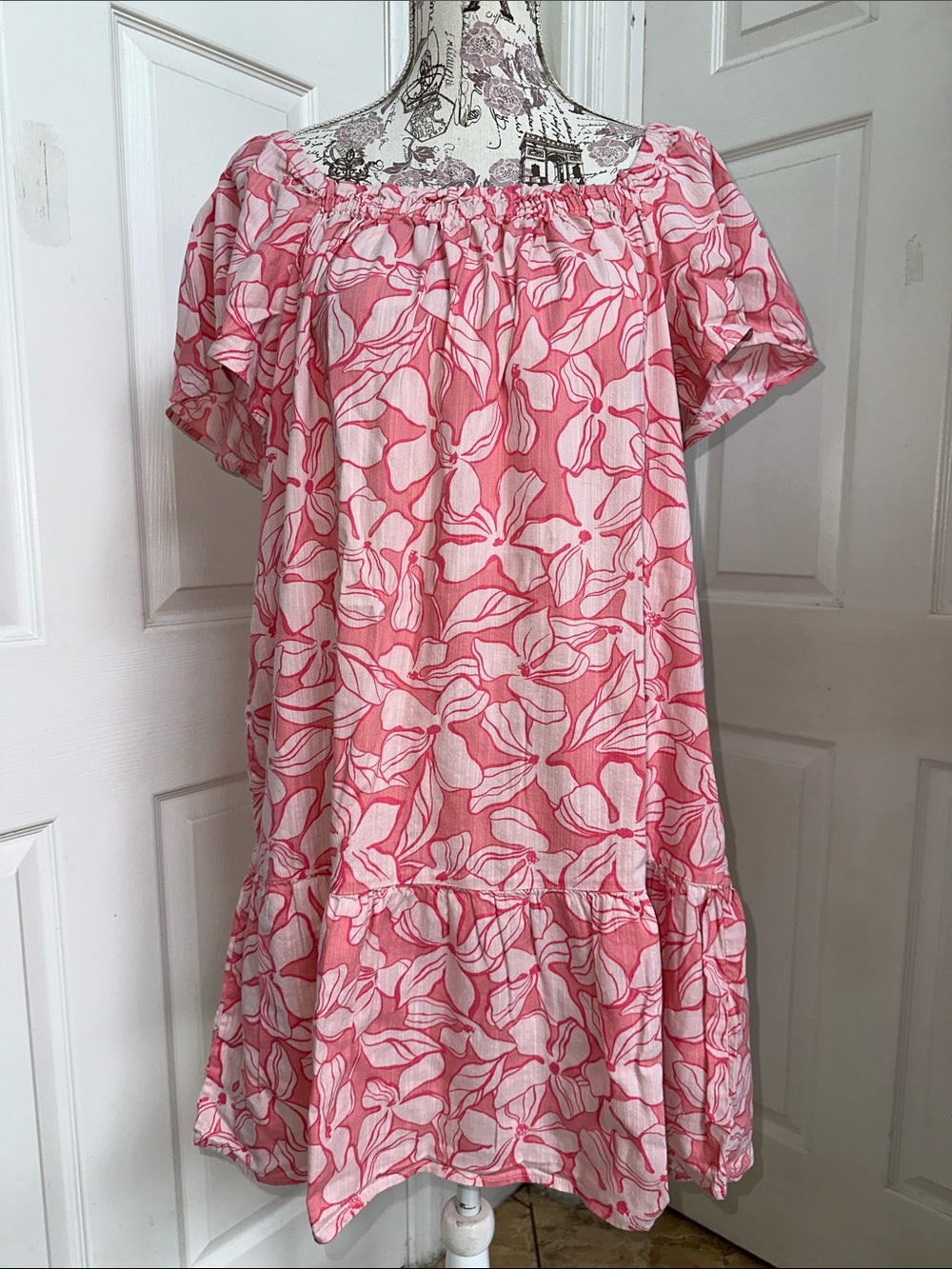GAP Print Square Neck Mini Dress In Pink/White Floral Fluttered Sleeves Size L